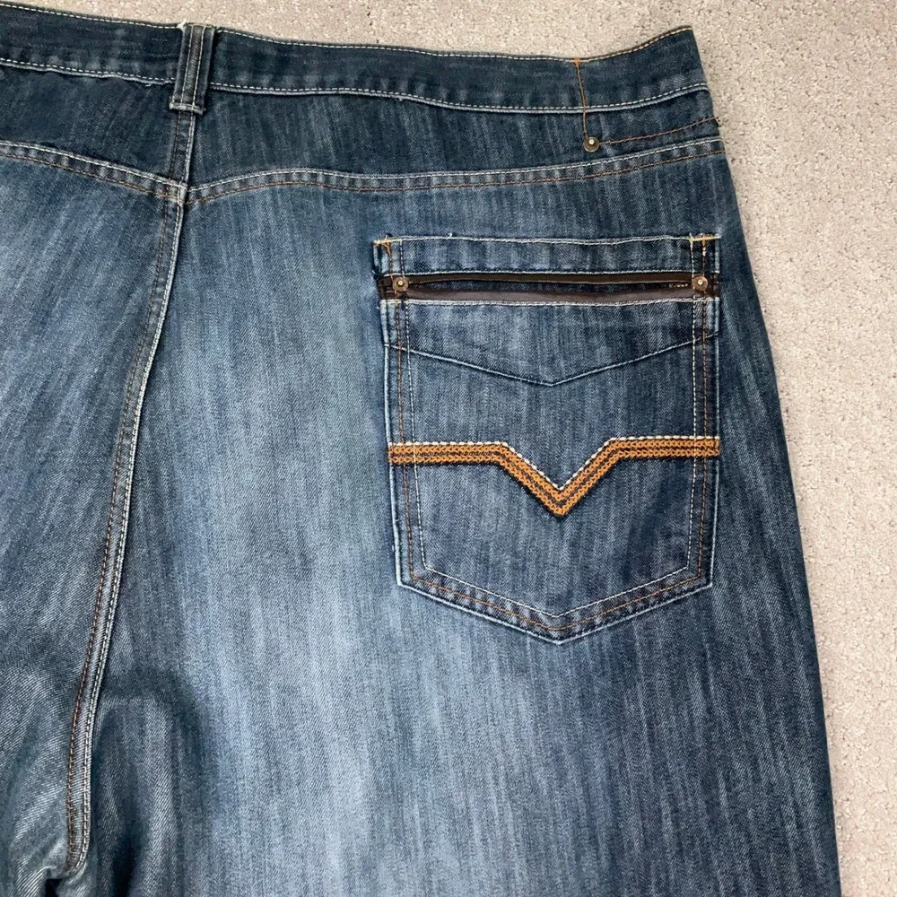 Mecca Jeans Mens‎ 52W 32L Blue Fade Whisker Stitched Relaxed Fit Y2K Urban Denim